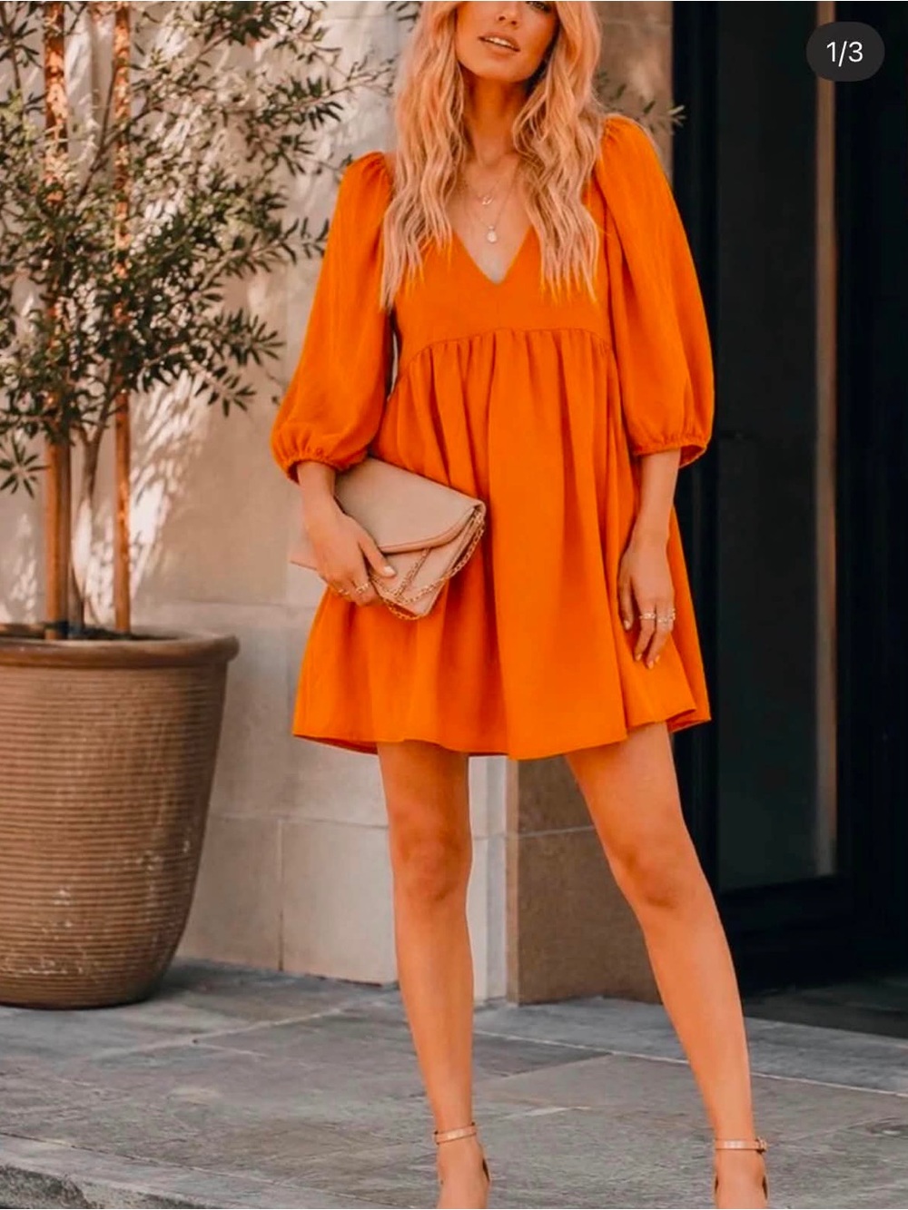 V-Neck Puff-Sleeve Mini Dress in Rust Orange